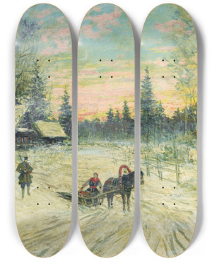 Triptych art skateboard deck of Konstantin Alexeevich Korovin Jeune Femme Sur Un Traineau Sloignant Dun Chasseur by Konstantin Alexeevich Korovin (1861-1939)