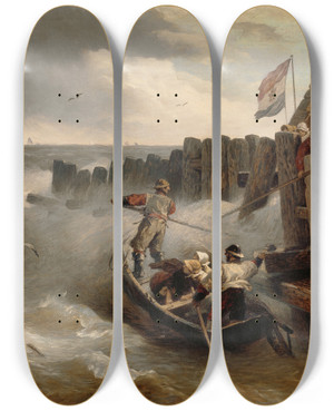 Triptych art skateboard deck of Andreas Achenbach Seascape by Andreas Achenbach (1815-1910)