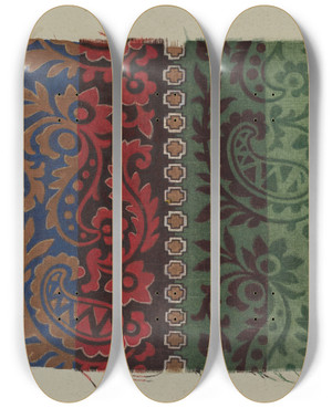 Triptych art skateboard deck of Lucille Lacoursiere Printed Textile_1 by Lucille Lacoursiere