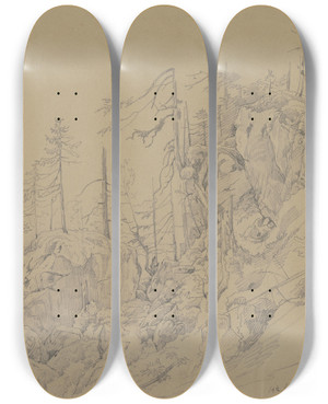 Triptych art skateboard deck of Carl Morgenstern Waldlandschaft Bei Hallstadt by Carl Morgenstern (1811-1893)