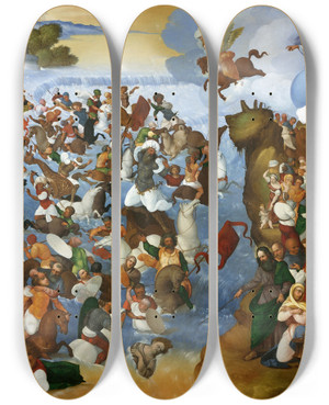 Triptych art skateboard deck of Ludovico Mazzolino The Crossing Of The Red Sea by Ludovico Mazzolino (1480-1528)
