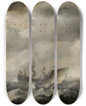 Triptych art skateboard deck of Hendrick Van Anthonissen Ships On The Sea by Hendrick Van Anthonissen (1605-1655)