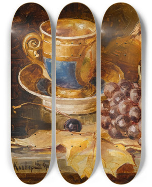 Triptych art skateboard deck of Yuliy Yulevich Klever The Younger A Still Life With Grapes by Yuliy Yulevich Klever the Younger (1882-1942)