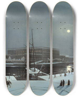 Triptych art skateboard deck of Carl Stefan Bennet View Of The Royal Palace Of Stockholm Winter by Carl Stefan Bennet (1755-1824)
