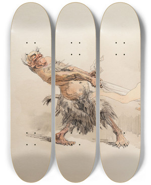 Triptych art skateboard deck of Heinrich Kley Gefangen by Heinrich Kley (1863-1945)