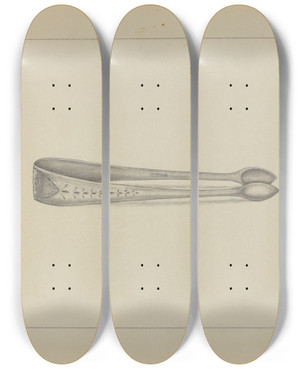 Triptych art skateboard deck of Suzanne Roy Silver Sugar Tongs by Suzanne Roy