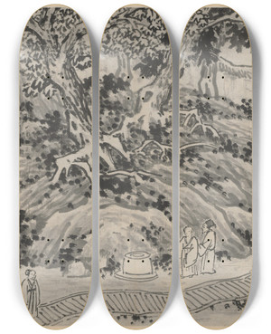Triptych art skateboard deck of Shen Zhou The Fools Spring by Shen Zhou (1427-1509)