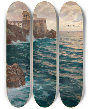 Triptych art skateboard deck of Carl Olynch Of Town Meeresbrandung Mit Kastell by Carl O'Lynch of Town (1869-1942)
