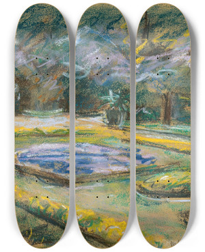 Triptych art skateboard deck of Max Liebermann Die Blumenterrasse Im Wannseegarten Nach Nordosten by Max Liebermann (1847-1935)