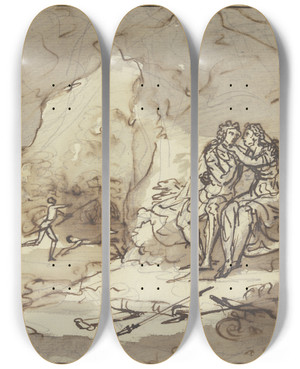 Triptych art skateboard deck of Pieter Tanj Liebespaar In Einer Hhle by Pieter Tanje (1706-1761)
