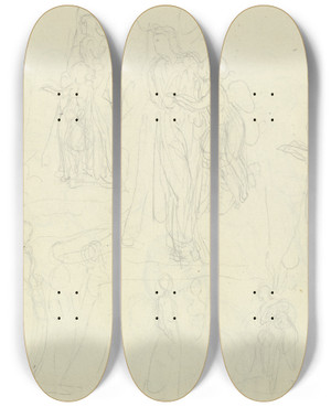 Triptych art skateboard deck of Gustav Heinrich Naecke Verschiedene Figuren Darunter Eine Weibliche Gestalt Mit Geflgeltem Amorknaben by Gustav Heinrich Naecke (1786-1835)