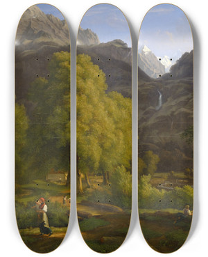 Triptych art skateboard deck of Jakob Christoph Miville In The Village Of Meiringen Towards The Well And Wetterhorn by Jakob Christoph Miville (1786-1836)