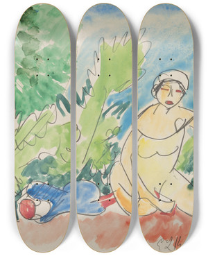 Triptych art skateboard deck of Ernst Ludwig Kirchner Badende Am See by Ernst Ludwig Kirchner (1880-1938)