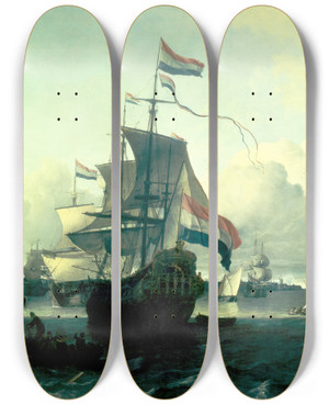 Triptych art skateboard deck of Ludolf Bakhuysen The Dutch Manofwar De Gouden Leeuw On The River Y Near Amsterdam by Ludolf Backhuysen (1630-1708)