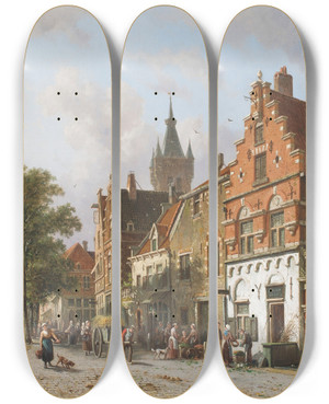 Triptych art skateboard deck of Adrianus Eversen Delft With The Prinsenhof In The Distance by Adrianus Eversen (1818-1897)