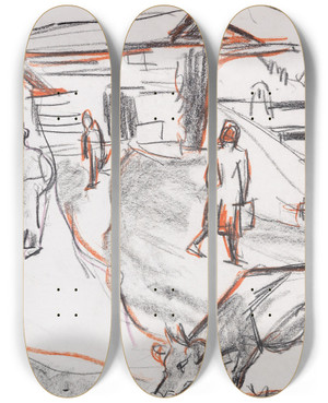 Triptych art skateboard deck of Ernst Ludwig Kirchner Bauern Auf Der Alp by Ernst Ludwig Kirchner (1880-1938)