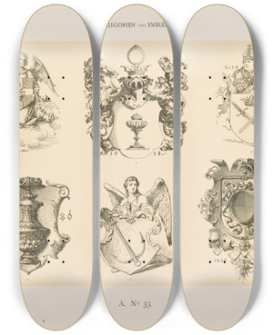 Triptych art skateboard deck of Albert Ilg Allegorien Und Embleme Vol Ii Pl037 by Albert Ilg (1847-1896)