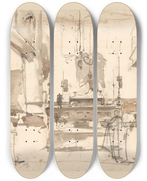 Triptych art skateboard deck of Johannes Bosboom Interieur Van Een Synagoge by Johannes Bosboom (1817-1891)