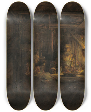 Triptych art skateboard deck of Rembrandt Van Rijn Philemon And Baucis by Rembrandt Van Rijn (1606-1669)