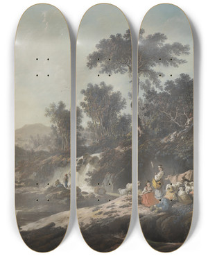Triptych art skateboard deck of Jeanbaptiste Pillement Shepherds Resting By A Stream by Jean-Baptiste Pillement (1728-1808)