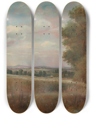 Triptych art skateboard deck of Lionel Constable Landscape At Hampstead With Harrow In The Distance by Lionel Constable (1828-1887)