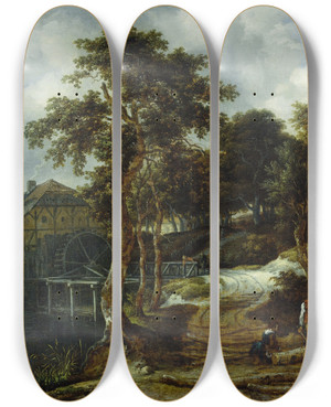Triptych art skateboard deck of Jacob Van Ruisdael Landscape With Watermill by Jacob Van Ruisdael (1628-1682)