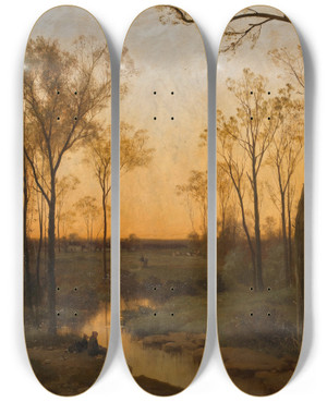 Triptych art skateboard deck of Hippolyte Camille Delpy Sunset by Hippolyte Camille Delpy (1842-1910)