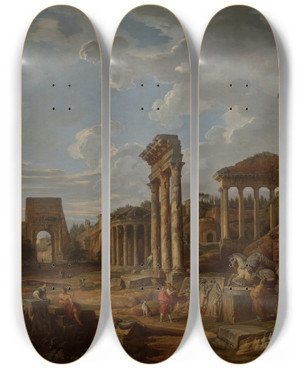 Triptych art skateboard deck of Giovanni Paolo Panini A Capriccio Of The Romanforum by Giovanni Paolo Panini (1691-1765)