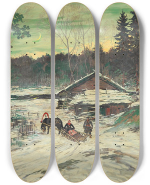 Triptych art skateboard deck of Konstantin Alexeevich Korovin Chasseur Discutant Avec Une Femme Dans Un Traineau by Konstantin Alexeevich Korovin (1861-1939)