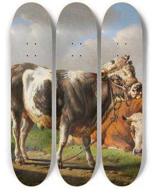 Triptych art skateboard deck of Albertus Verhoesen Der Angeber Junger Stier Und Liegende Kuh by Albertus Verhoesen (1806-1881)