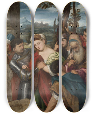 Triptych art skateboard deck of Bonifacio Veronese Christ And The Adulteress by Bonifacio Veronese (1487-1553)