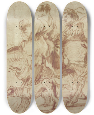 Triptych art skateboard deck of Giovanni Benedetto Castiglione Frau Mit Kind Auf Einem Esel Reitend Ein Junger Mann Zu Fu Nebenher Gehend by Giovanni Benedetto Castiglione (1609-1664)