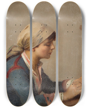 Triptych art skateboard deck of Theodoros Ralli Young Girl Weaving Willow Branches by Theodoros Ralli (1852-1909)