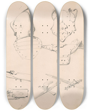 Triptych art skateboard deck of Nicaise De Keyser Helmets Bows Armours by Nicaise De Keyser (1813-1887)
