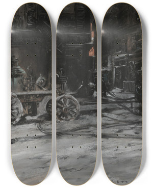 Triptych art skateboard deck of Everett Shinn Firescene by Everett Shinn (1876-1953)