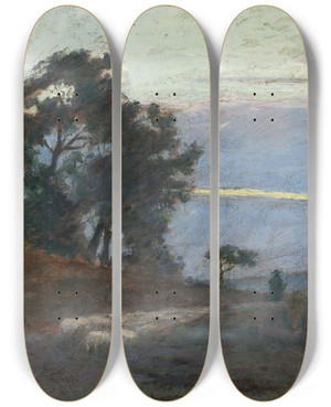 Triptych art skateboard deck of Maksymilian Gierymski Landscape At Sunrise by Maksymilian Gierymski (1846-1874)
