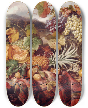 Triptych art skateboard deck of William Duffield Still Life With Mixed Fruit A Rug With Landscape Beyond by William Duffield (1816-1863)