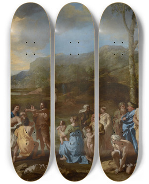 Triptych art skateboard deck of Nicolas Poussin Saint John Baptizing In The River Jordan by Nicolas Poussin (1594-1665)