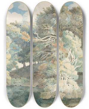 Triptych art skateboard deck of Francis Towne Trees By The Lake Peamore Park Near Exeter Devon by Francis Towne (1739-1816)