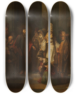 Triptych art skateboard deck of Gerbrand Van Den Eeckhout Christ And The Woman In Adultery by Gerbrand van den Eeckhout (1621-1674)