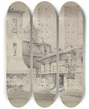 Triptych art skateboard deck of Ferdinand Boberg Rue Lamark Montmartre by Ferdinand Boberg (1860-1946)