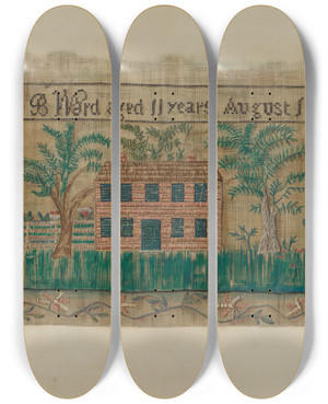 Triptych art skateboard deck of Charlotte Angus Sampler by Charlotte Angus (1911-1989)