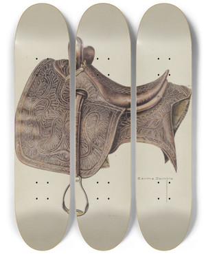 Triptych art skateboard deck of Bertha Semple Side Saddle by Bertha Semple
