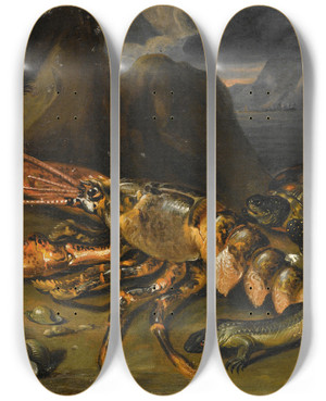 Triptych art skateboard deck of Marco De Caro Still Life With Lobster Lizards And Turtle by Marco de Caro (18-)