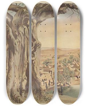 Triptych art skateboard deck of Alexandre Jacovleff Dessins Et Peintures Dafrique Pl 16 by Alexandre Jacovleff (1887-1938)