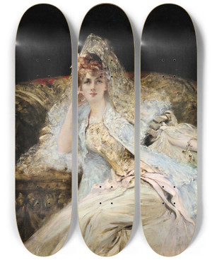 Triptych art skateboard deck of Georges Jules Victor Clairin Lady With A Mantilla by Georges Jules Victor Clairin (1843-1919)
