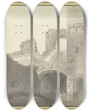 Triptych art skateboard deck of Christian Georg Schtz The Younger Hof Einer Burgruine Mit Blick In Ein Gewlbe by Christian Georg Schutz The Younger (1758-1823)