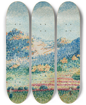 Triptych art skateboard deck of Henriedmond Cross Paysage Avec Les Petites Montagnes Mauresques by Henri-Edmond Cross (1856-1910)