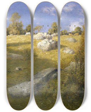 Triptych art skateboard deck of Julian Alden Weir Upland Pasture by Julian Alden Weir (1852-1919)