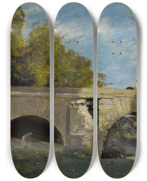 Triptych art skateboard deck of Jeanbaptistecamille Corot Mantes Deux Arches Du Pont Avec Un Cavalier by Jean-Baptiste-Camille Corot (1796-1875)